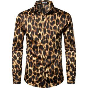 Men's Hipster Printed Slim Fit Long Sleeve Button Up Satin Dress Shirts